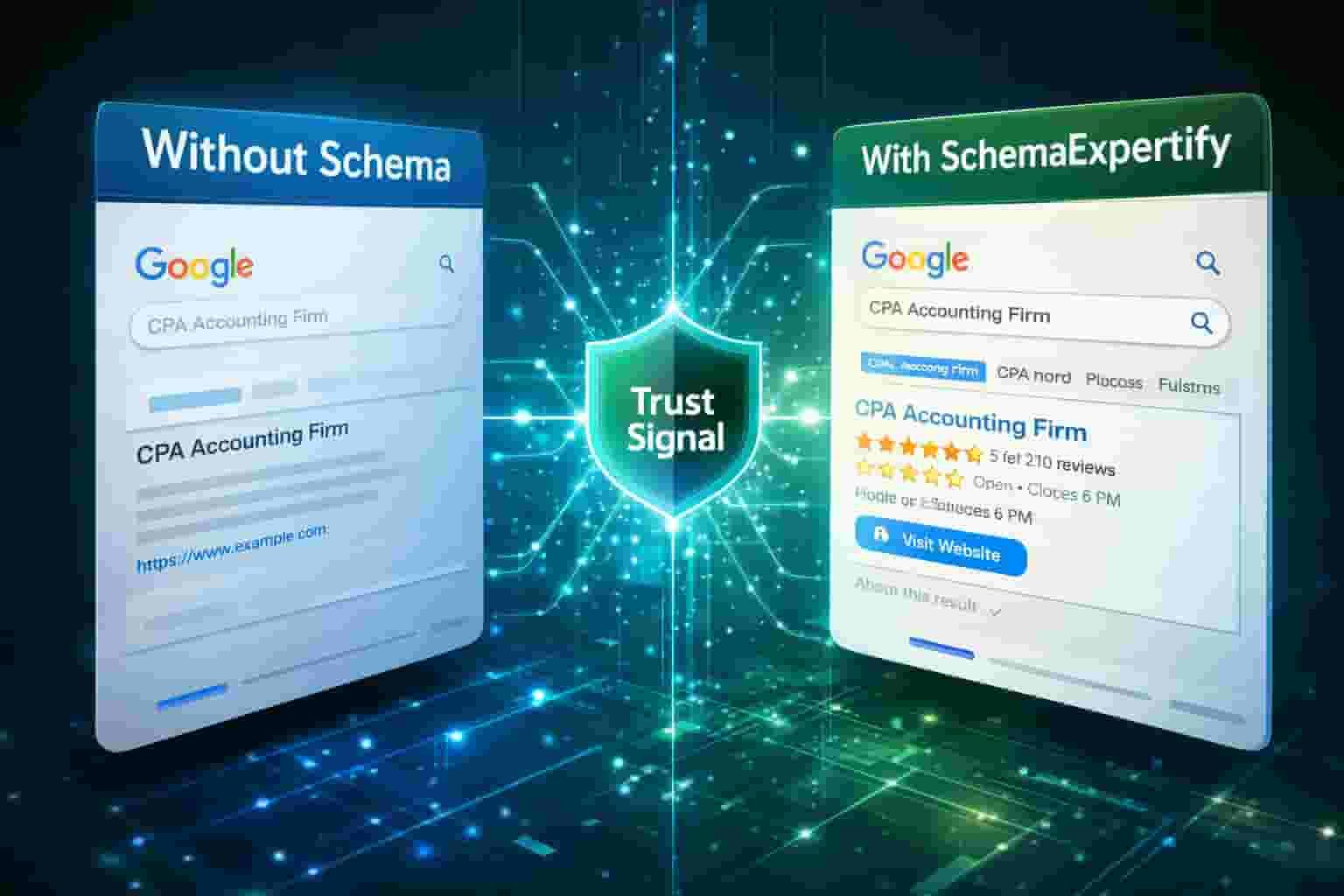 3D infographic comparing basic search results versus rich snippets generated by Local Business Schema for CPA & Accounting Firms.