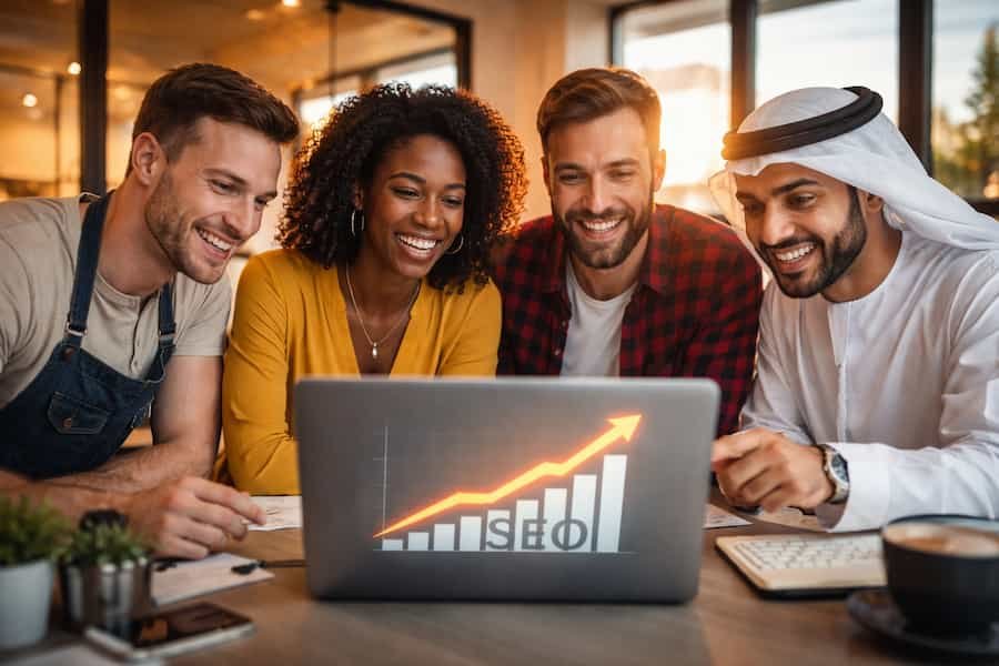 Small business owners using a tool mentioned in The Story Behind SchemaExpertify to improve global SEO.