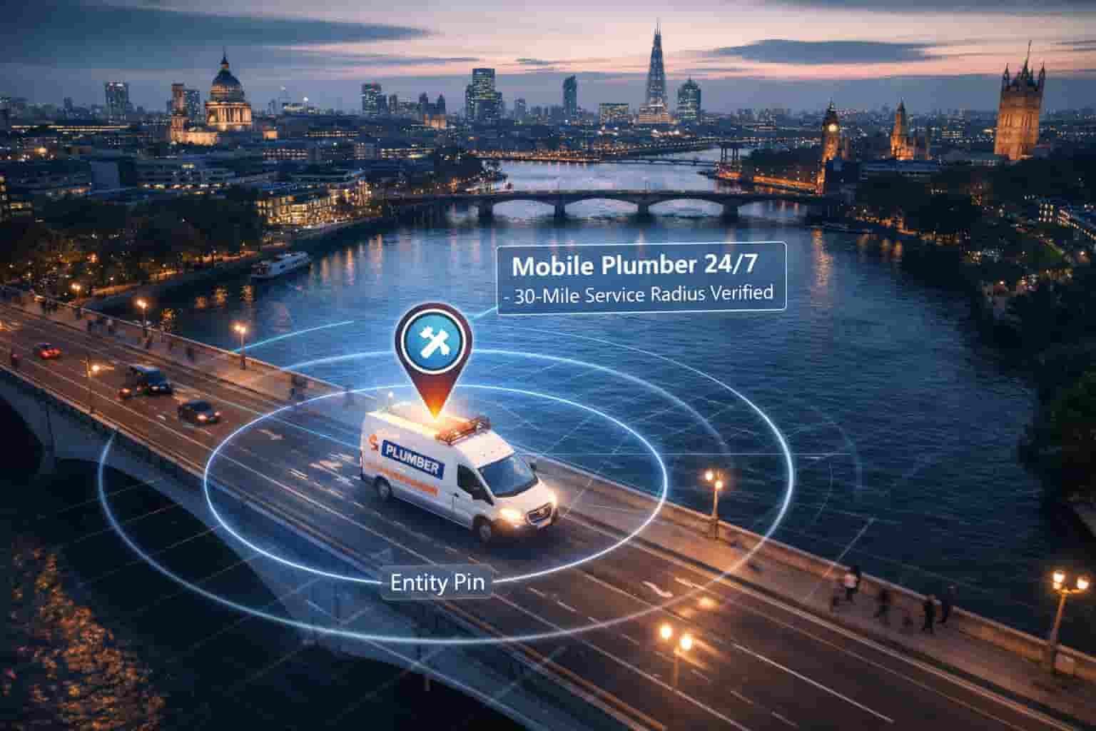 AEO visualization of Local Business Schema for Mobile Businesses showing a 30-mile service radius over London.