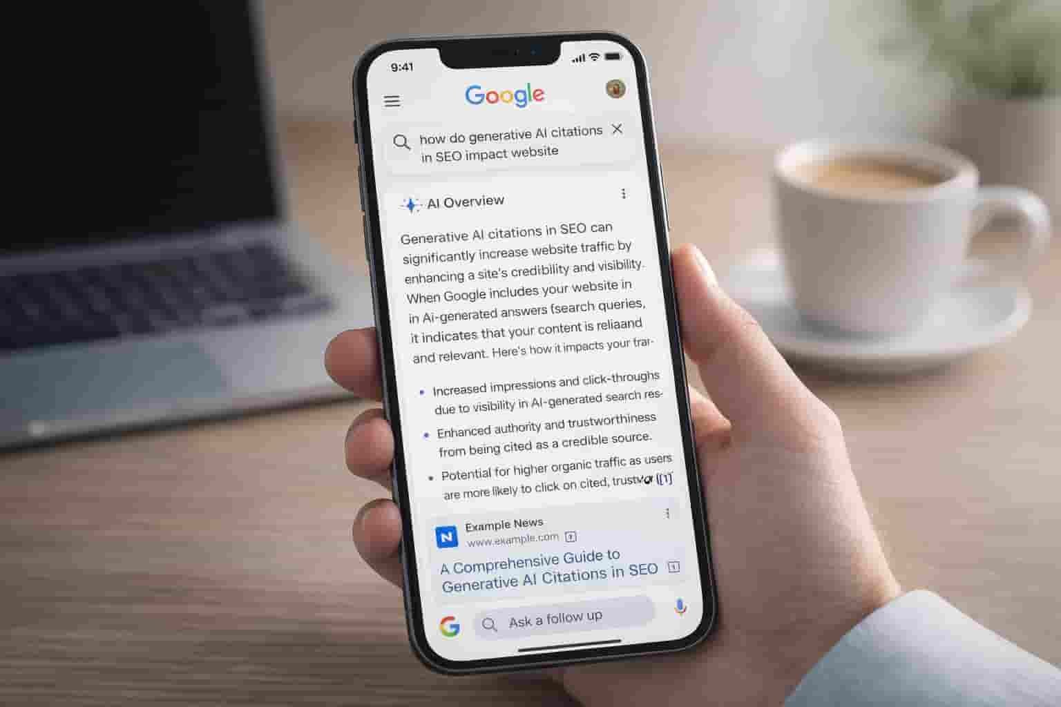 Mobile screen displaying a direct AI answer triggered by optimized Schema markup for AI search for conversational queries.