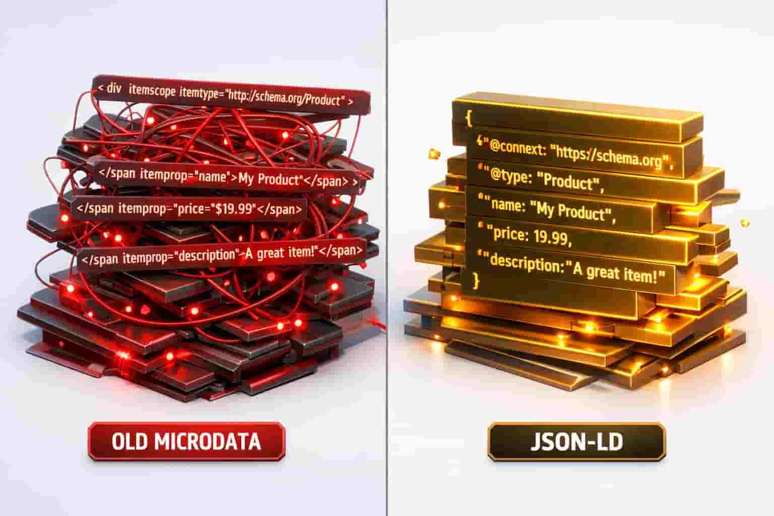 Magento 2 schema markup comparison between messy Microdata and clean JSON-LD for AI search.