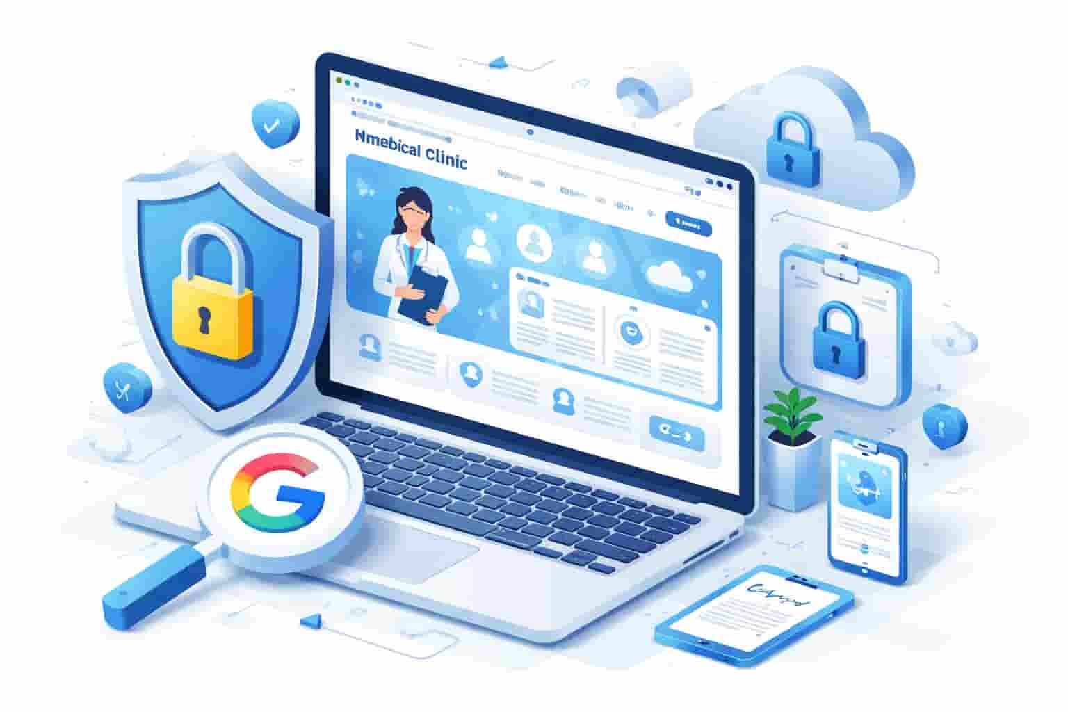 Professional digital marketing layout showing HIPAA Compliant Schema for Medical Practices with a secure shield and medical icons on a laptop screen.