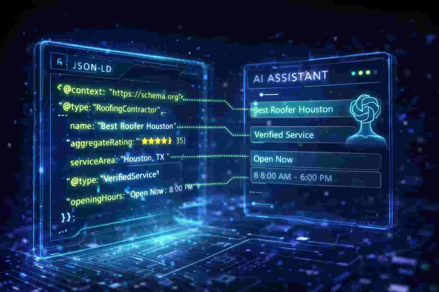 A futuristic representation of AI search engines like ChatGPT and Gemini extracting structured data using principles from the Roofing Contractor Local SEO Schema Guide.