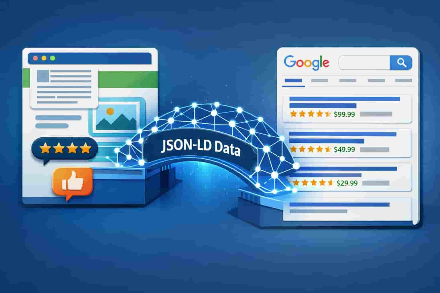 A conceptual diagram illustrating What is JSON-LD Markup? Layman's Terms as a digital bridge connecting website content to Google Rich Snippets with gold stars.