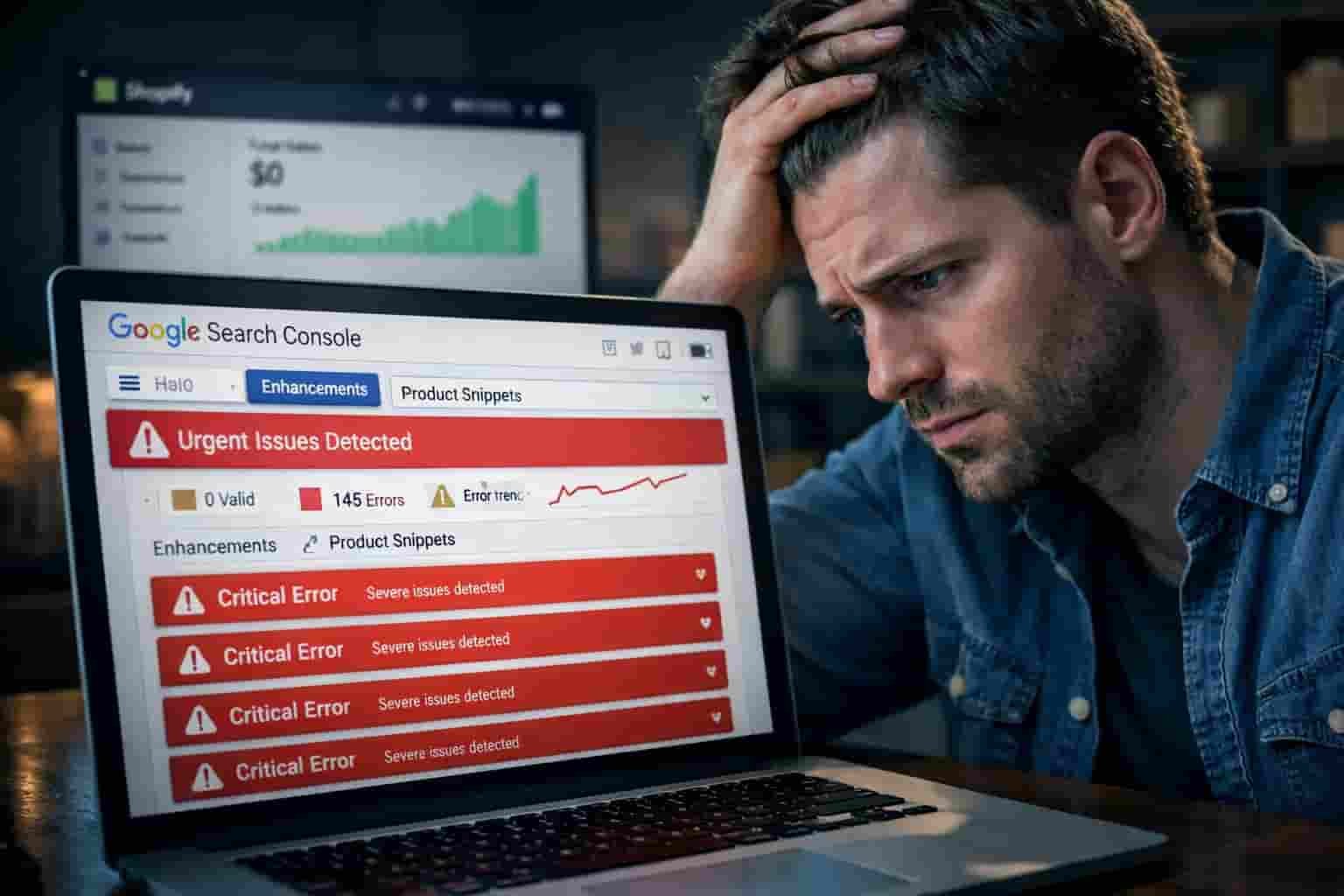 A frustrated Shopify merchant analyzing a Google Search Console report with numerous critical red warnings, showing the urgent need to Fix Shopify Schema Errors in GSC and regain rich product snippets.