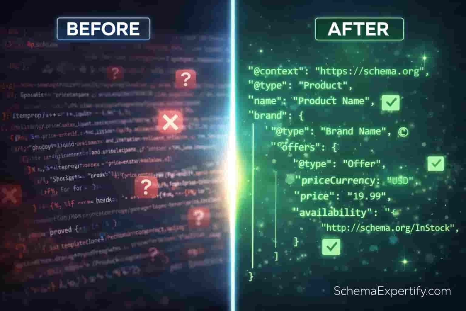 A technical comparison screen showing conflicting Shopify Liquid Microdata and a clean, validated JSON-LD script, demonstrating how a precise code implementation can permanently Fix Shopify Schema Errors in GSC for product data.