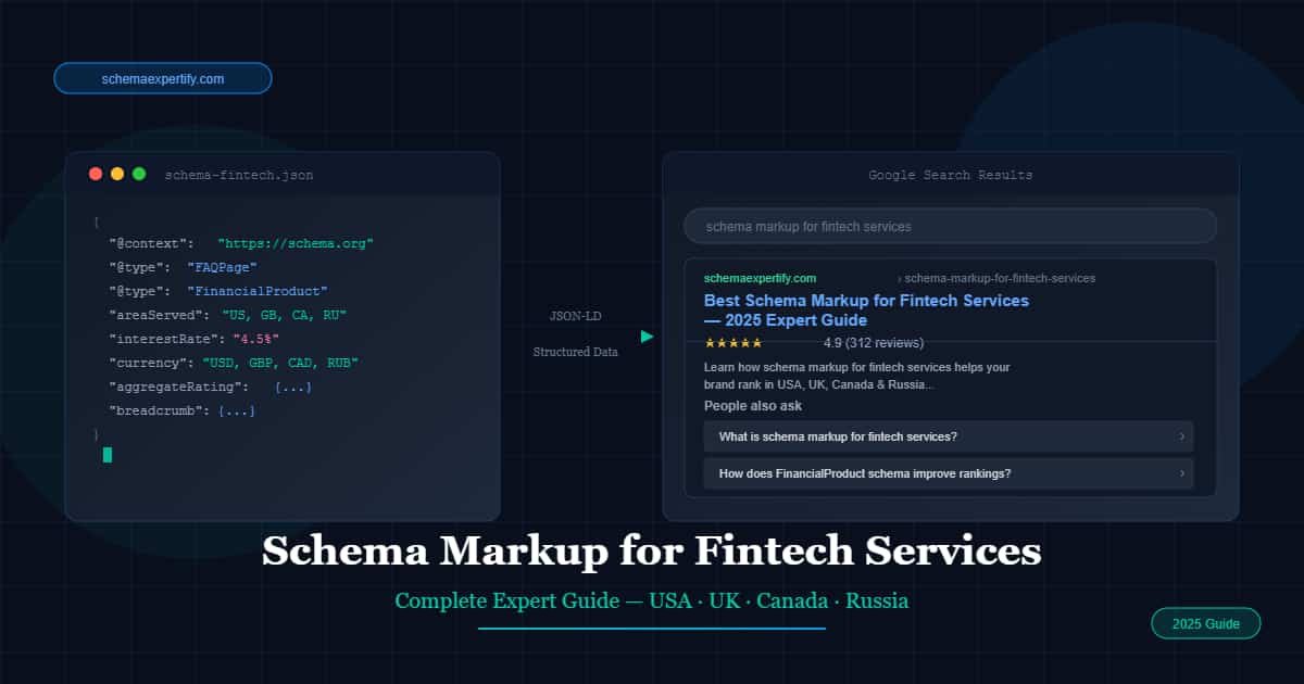 Schema markup for fintech services hero banner showing JSON-LD structured data connecting to Google rich results for USA UK Canada Russia