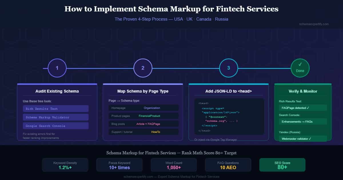 Step by step guide to implement schema markup for fintech services showing 4 steps audit map JSON-LD and verify in Google Search Console