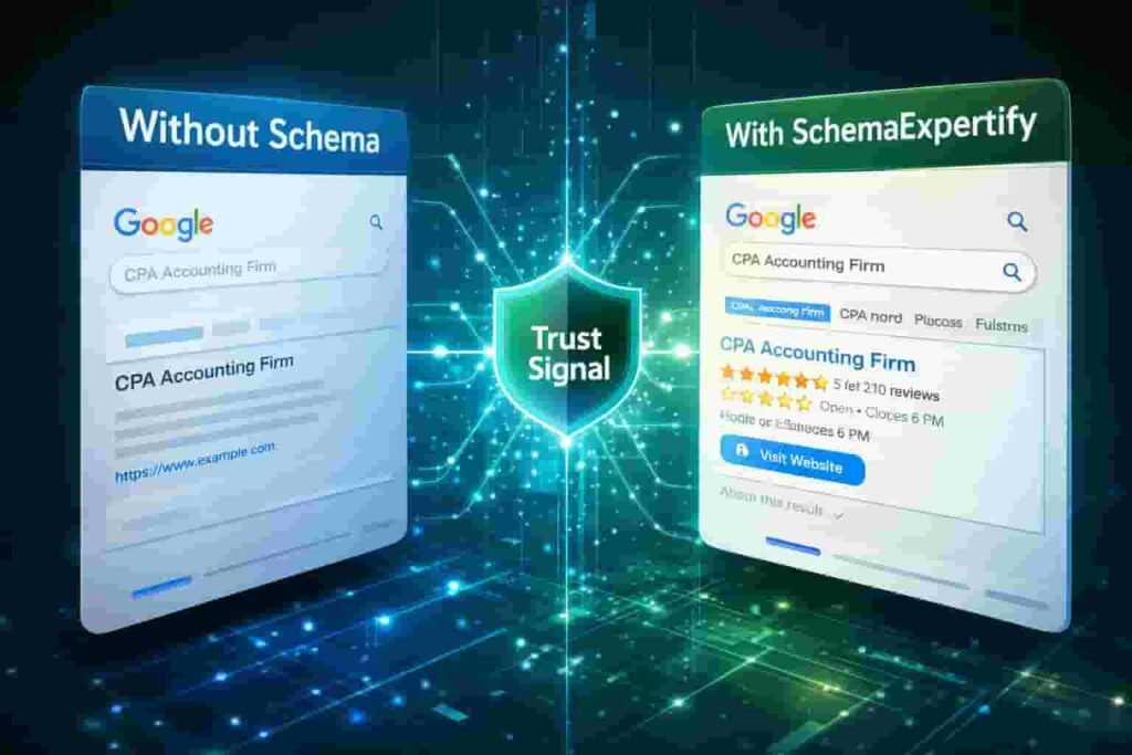 3D infographic comparing basic search results versus rich snippets generated by Local Business Schema for CPA & Accounting Firms.