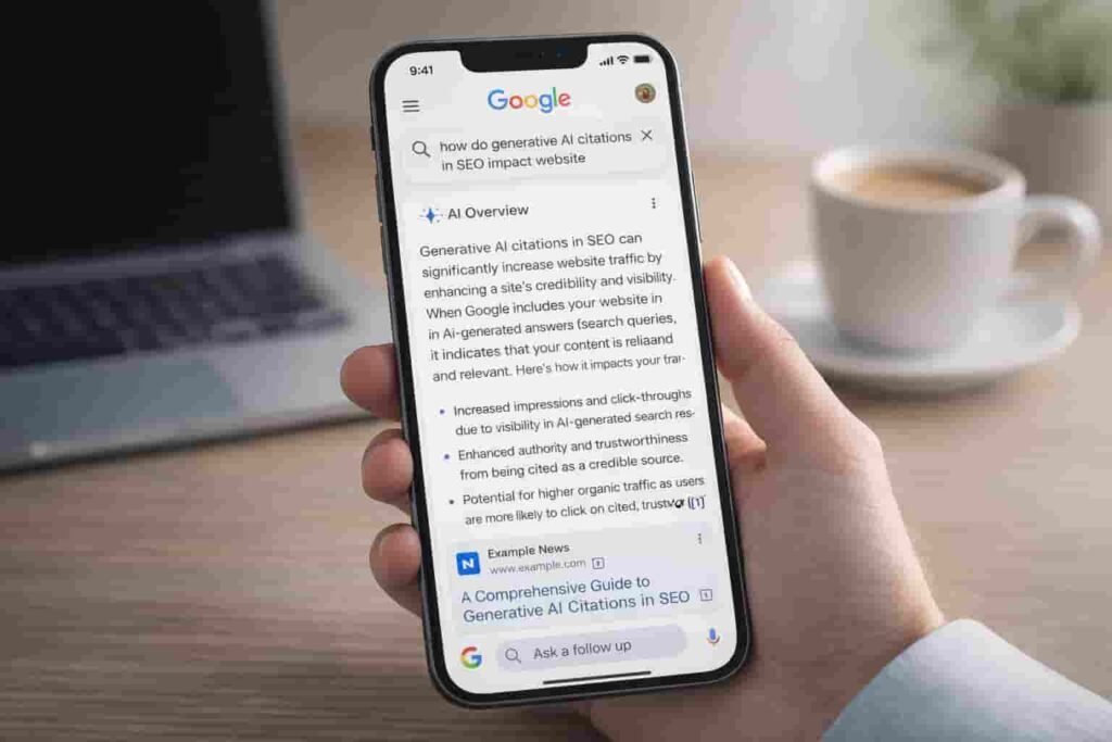 Mobile screen displaying a direct AI answer triggered by optimized Schema markup for AI search for conversational queries.