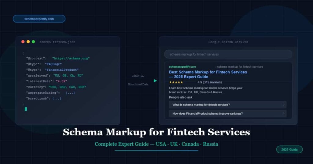 Schema markup for fintech services hero banner showing JSON-LD structured data connecting to Google rich results for USA UK Canada Russia